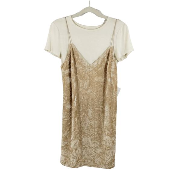W Kensie Women's Cream Gold Crushed Velvet Layered T-Shirt Slip Mini Dress NWT S - Picture 1 of 10